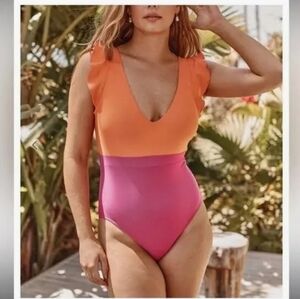 Summersalt Orange Pink One Piece Ruffle Sleeve Swimsuit Size 10LT